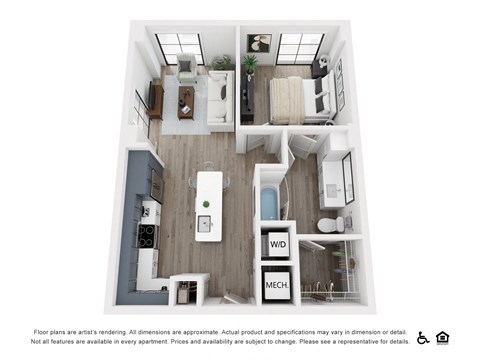 Floor plan for 1 bed, 1 bath, 762 sqft